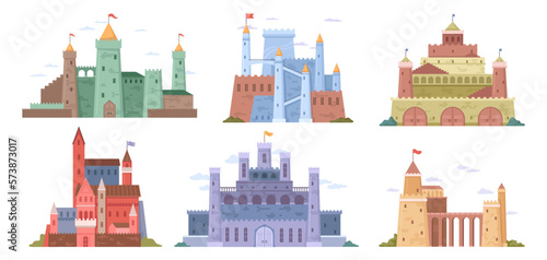 Fantasy old castles with towers and fortifications. Architecture and historical sights, forts and keeps, citadels and strongholds. Vector in flat style
