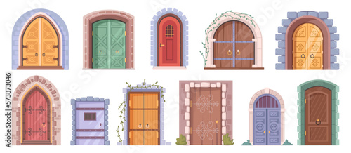 Ancient doors of castle or historical buildings. Isolated architecture and exterior elements. Doors or entryway with crawling plants. Vector in flat style