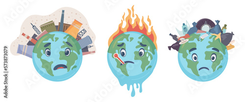 Contamination and pollution of planet earth. Isolated planets suffering from factories, fires and waste thrown away be people dwellers. Vector ecology problems, cartoon characters in flat style
