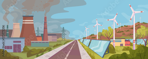 Power plants vs alternative renewable sources of accumulation of energy. Factories with harmful smoke, wind turbines and solar panels. Vector in flat style