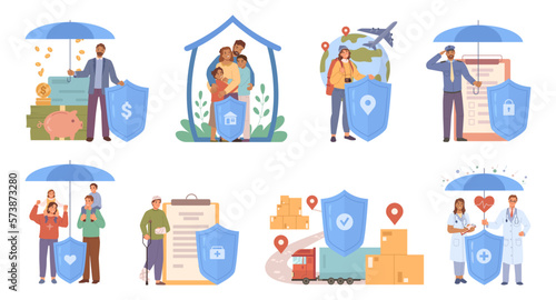Insurance plans for people, family and property, travel and health. Policy for capital and logistics cargo, disability and accidents. Vector in flat style