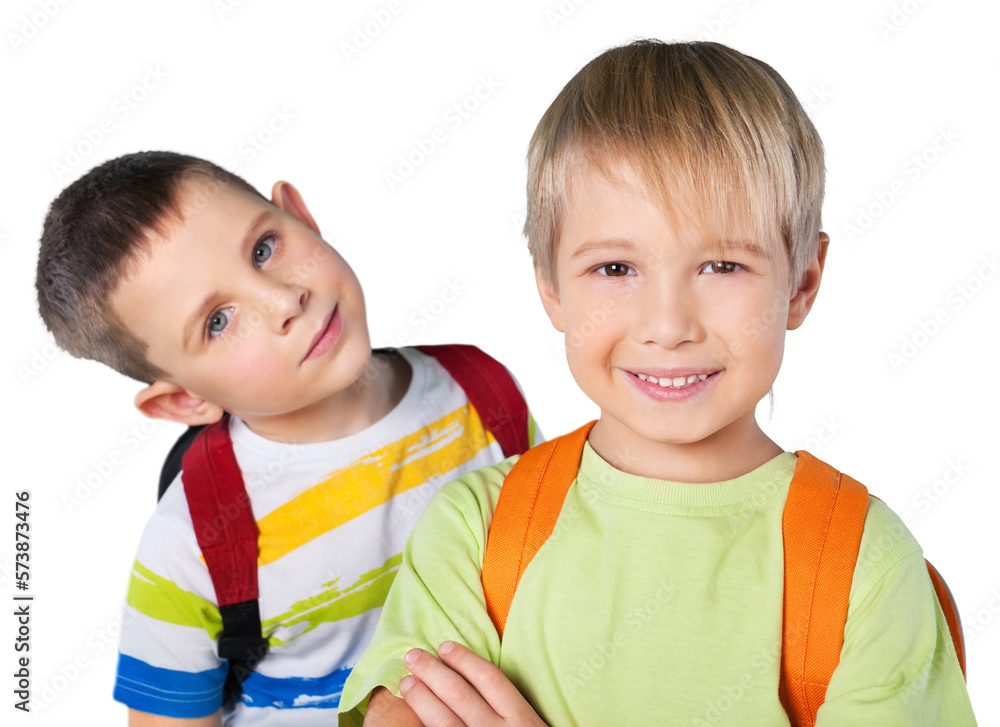 Happy schoolboys with backpacks isolated on white background Happy schoolboys with backpacks isolated on white background