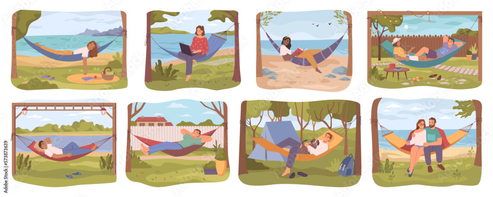 People laying in hammock, enjoying weekends or holidays. Man and woman outside sleeping or reading, working on pc. Flat cartoon character, vector illustration