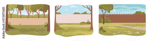Garden or backyard with path and lawn, green grass and trees. Fence and property protection, home outside area for rest. Flat cartoon, vector illustration