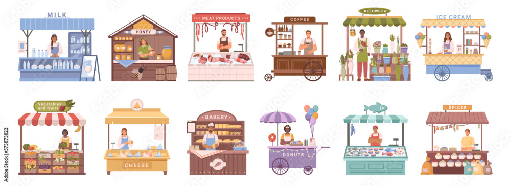 Kiosks and street stalls selling food and products to passers by. Isolated milk and fish market, ice cream and dessert, veggies and bread. Flat cartoon, vector illustration - obrazy, fototapety, plakaty 