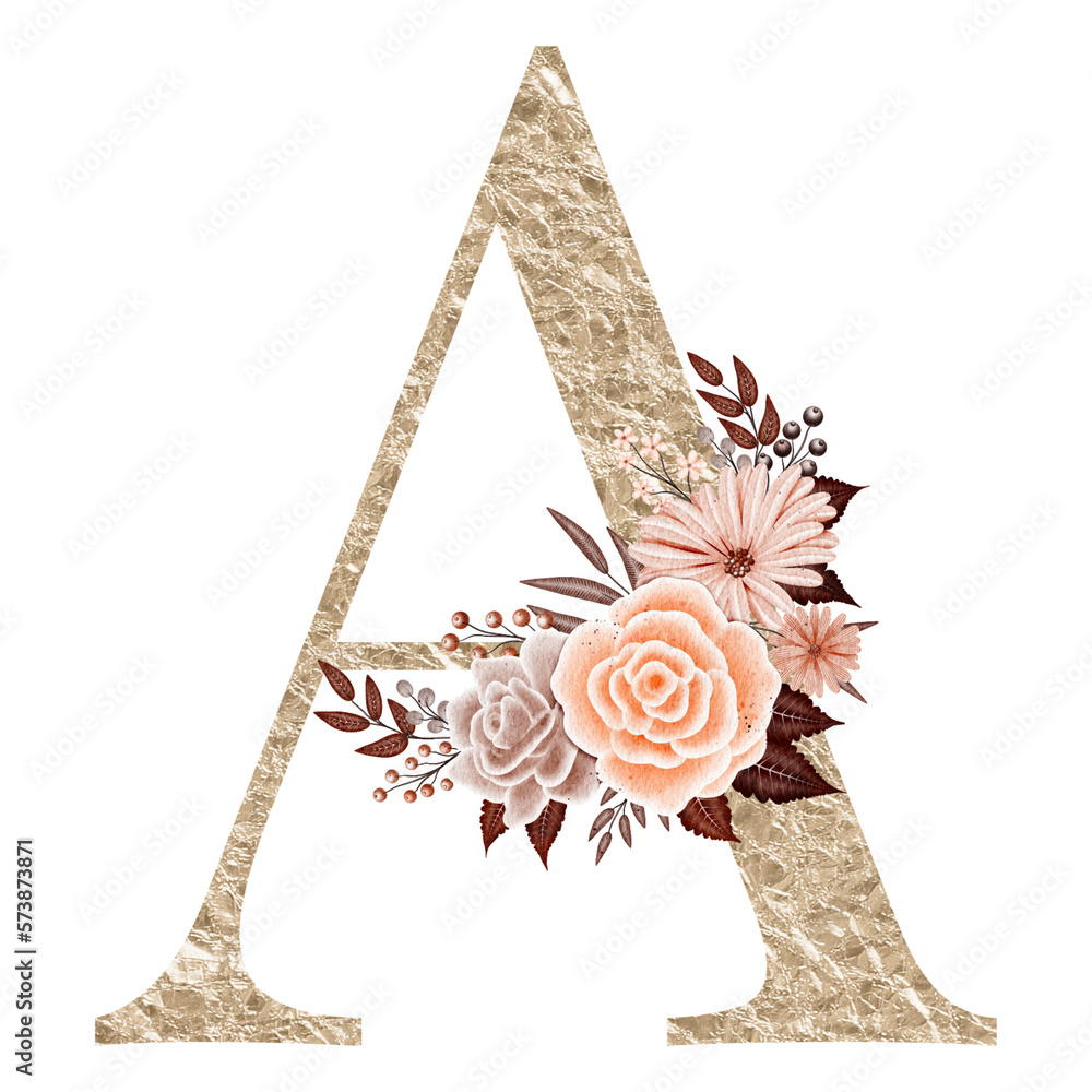 Floral alphabet, gold letter A with watercolor flowers and leaf Stock ...