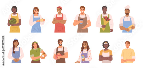 People selling products, isolated sellers or consultants. Woman with watermelon and cheese slice, ice cream. Offering coffee and fresh bread, flowers and meat. Flat cartoon, vector illustration