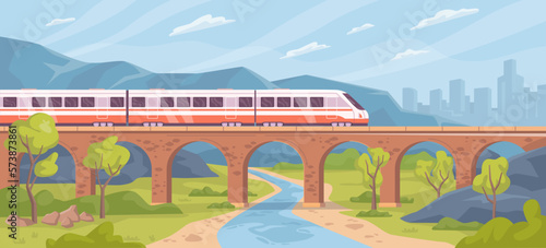 Traveling by train through nature landscape. Old brick bridge and river, transportation and tourism. Means of commuting. Flat cartoon, vector illustration