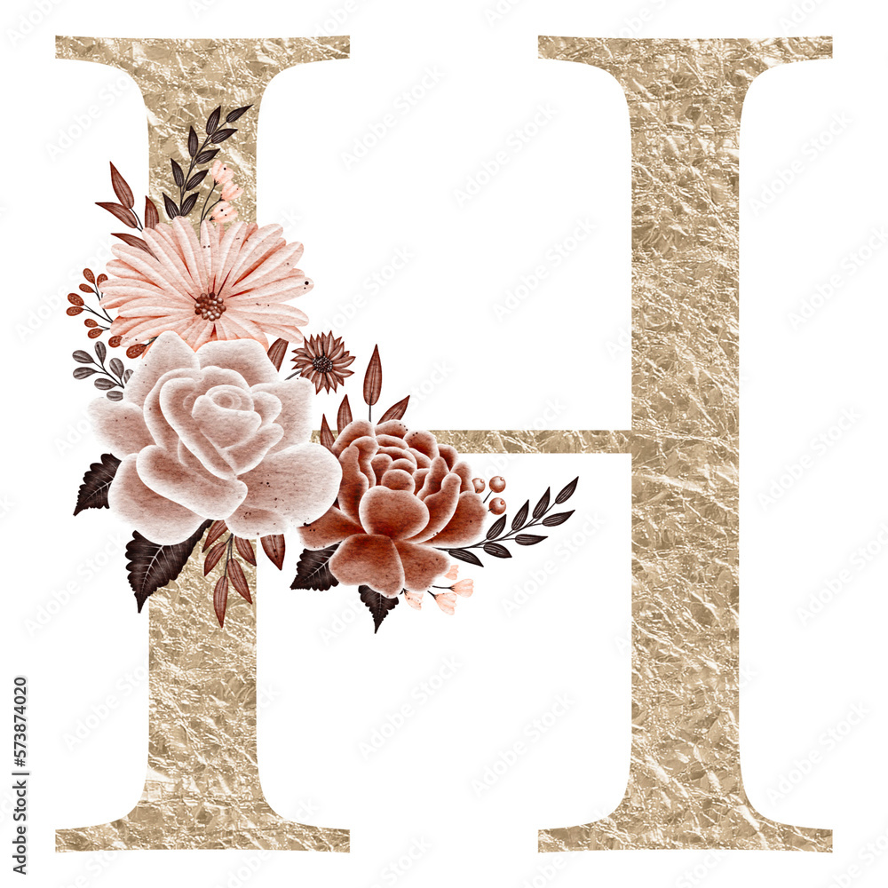 Floral alphabet, gold letter H with watercolor flowers and leaf Stock ...