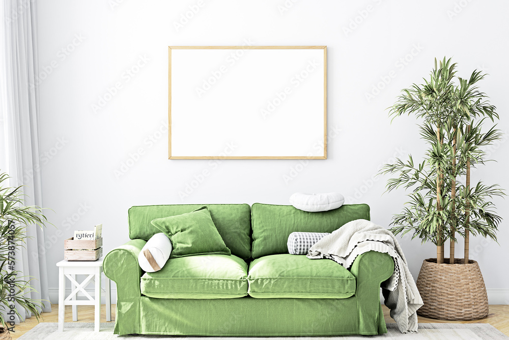 Mock up poster in living room with a green sofa, 3D render Mock up poster in living room with a green sofa, 3D render