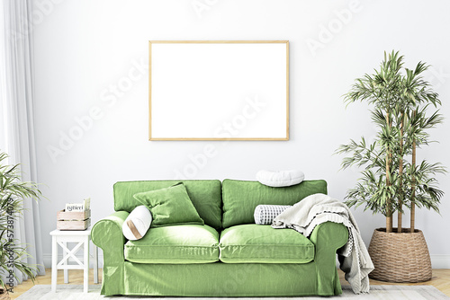 Mock up frame in living room, White wall, Horizontal blank frame, 3D rendering