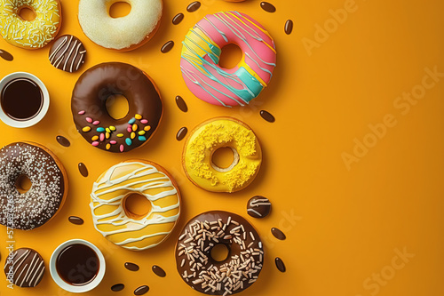 Donuts on orange background. Generative AI. photo