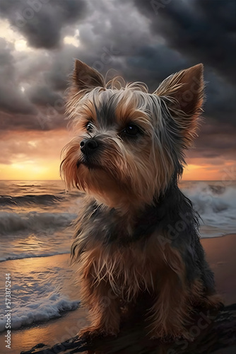 yorkshire terrier on the beach at sunset