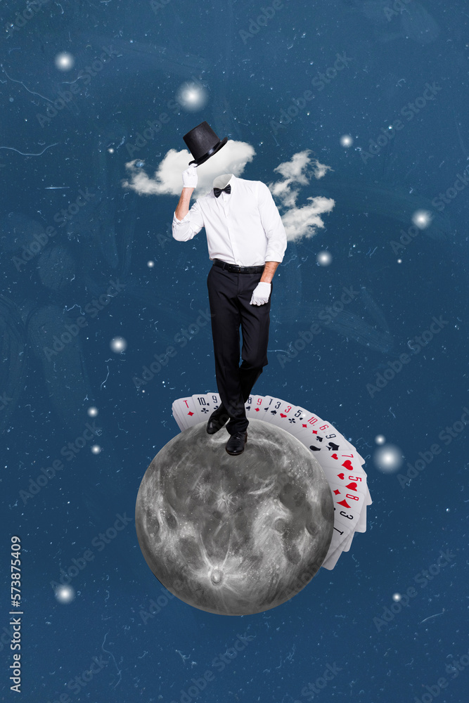 Fototapeta premium Creative photo banner collage design of young headless professional player blackjack casino man anonym stay moon space isolated on blue background