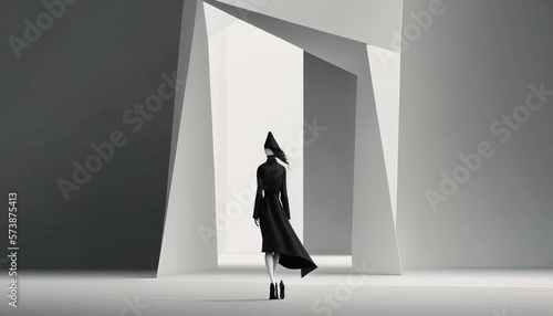 A woman in a black coat and hat standing in a room with columns and a large white wall bold shapes a raytraced image vorticism photo