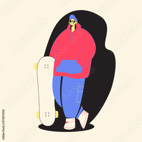 Cool vector hipster boy character with longboard skateboard.adult man wears sunglasses.Bright trendy flat vector