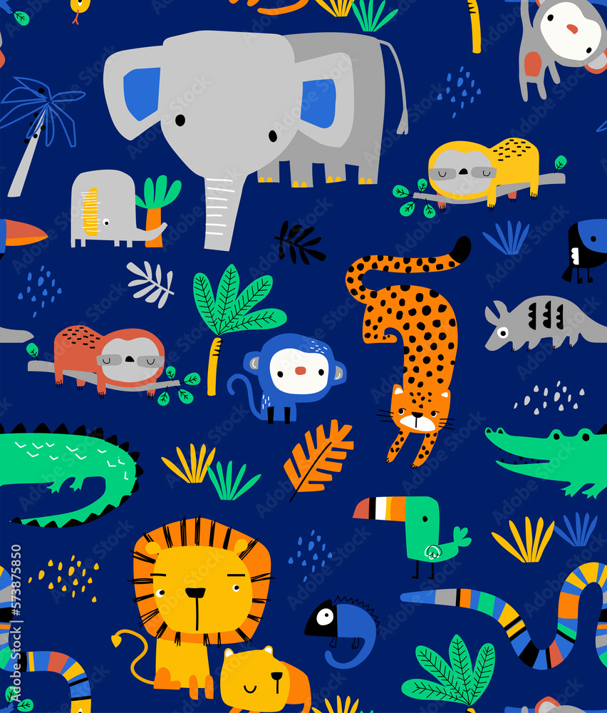 Seamless child's pattern of animals in boho style. colored seamless children's pattern with adorable elephant and giraffe in scandinavian style on a white background. Seamless child's pattern of animals in boho style. colored seamless children's pattern with adorable elephant and giraffe in scandinavian style on a white background.