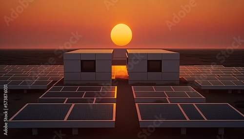 A solar panel array with the sun setting behind it and a building with a solar panel on top solarpunk a digital rendering environmental art
