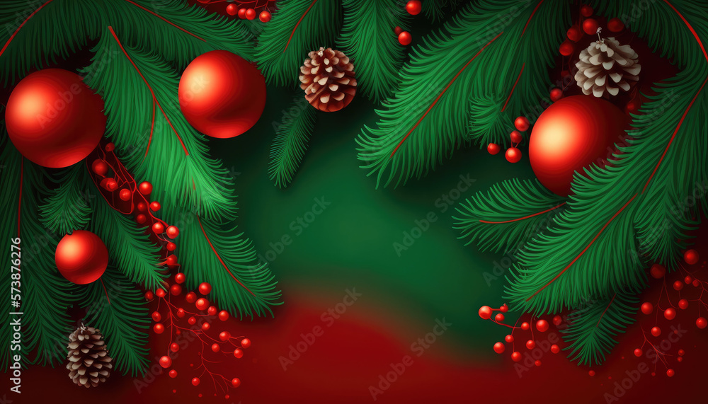 Generative AI Christmas background with fir branches and balls, snowflakes on green background. Festive design template for winter holidays
