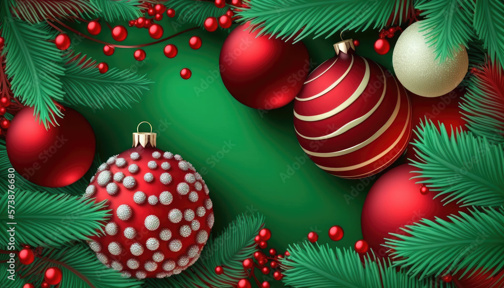 Obraz premium Generative AI Christmas background with fir branches and balls, snowflakes on green background. Festive design template for winter holidays