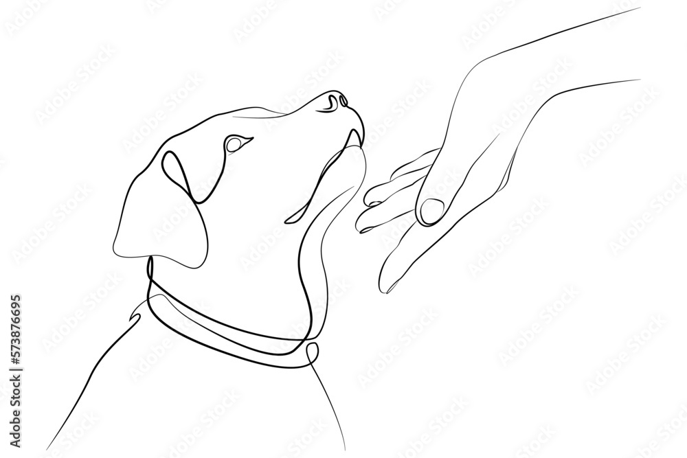 Linear drawing of a labrador and a female hand. Dog vector illustration