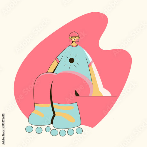 happy girl rollerblading.roller skating.Sporty woman.Card,banner,print.Trendy bright vector flat illustration