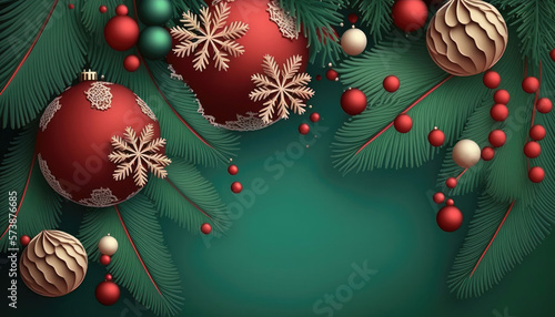 Generative AI Christmas background with fir branches and balls  snowflakes on green background. Festive design template for winter holidays