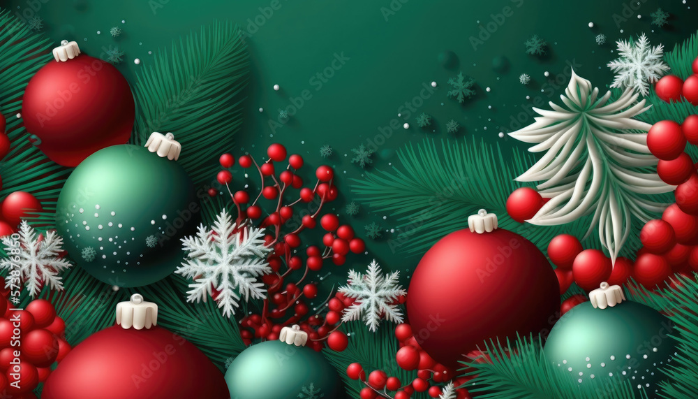 Generative AI Christmas background with fir branches and balls, snowflakes on green background. Festive design template for winter holidays Generative AI Christmas background with fir branches and balls, snowflakes on green background. Festive design template for winter holidays