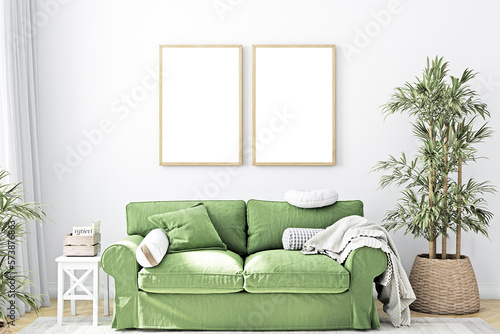 Mock up frame in living room  White wall  Two wood blank frame  3D rendering
