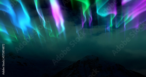 The abstract background of the multi -colored northern lights and mountains in the north, a bright iridescent realistic light light in the sky