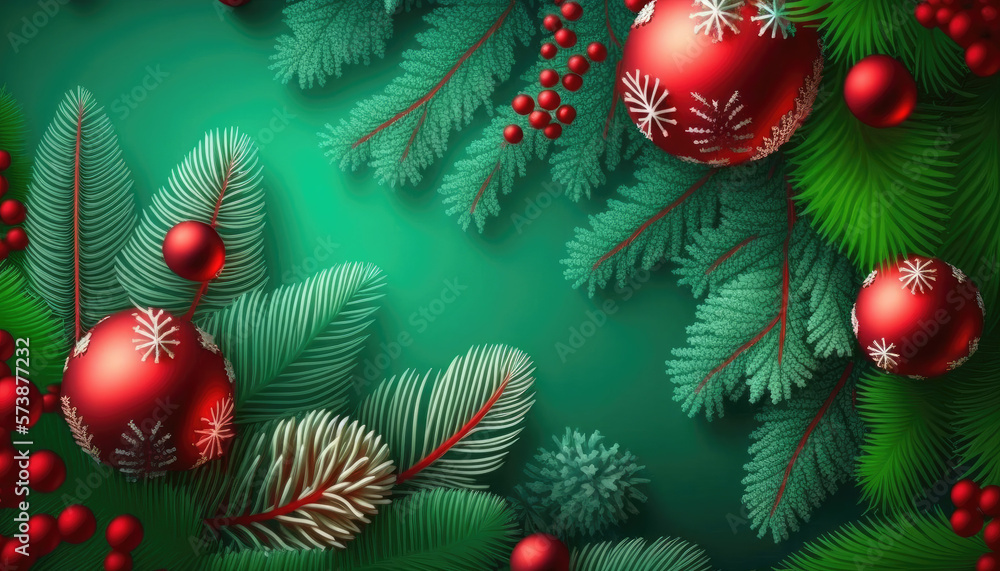 Generative AI Christmas background with fir branches and balls, snowflakes on green background. Festive design template for winter holidays Generative AI Christmas background with fir branches and balls, snowflakes on green background. Festive design template for winter holidays