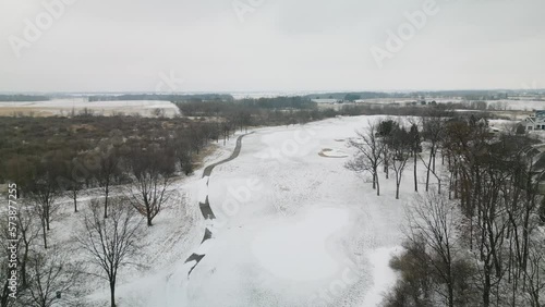 Drone View of Golf Course on Cold Winter Day in Rural United States. Off Season photo