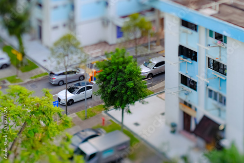 Photography Tilt-shift lens photography; miniature effect – Aerial view of HDB heartland estate neighbourhood in Singapore; selective focus