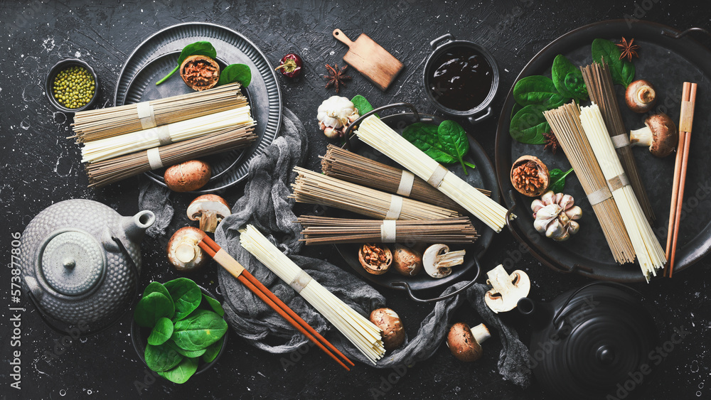 Japanese vermicelli noodles. Set of dry noodles Udon, Buckwheat soba pasta. Top view. Healthy