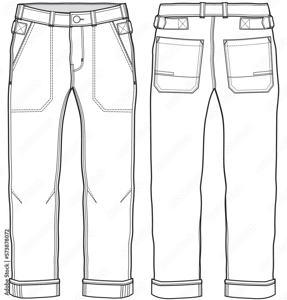 men's premium chino pants flat sketch vector illustration front and back  view technical cad drawing template Stock Vector | Adobe Stock