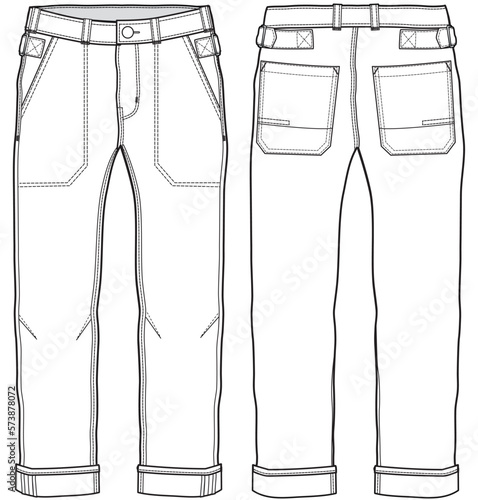 men's premium chino pants flat sketch vector illustration front and back view technical cad drawing template