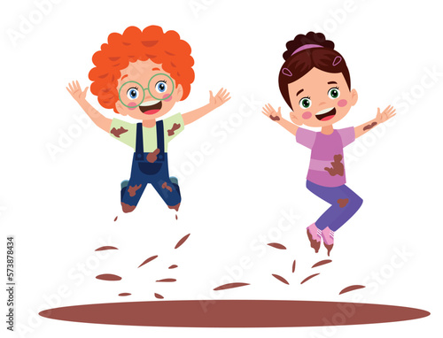 Cute happy kids jumping in mud