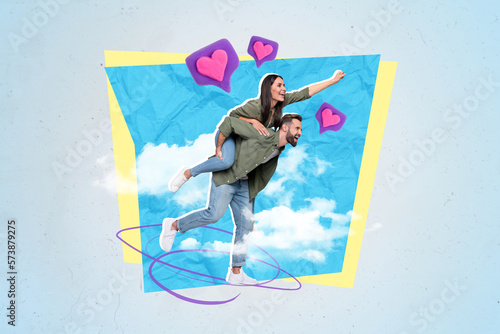 Creative collage photo of young funny students excited piggyback ride husband honeymoon travel valentine day love story isolated on heaven background