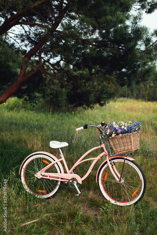 ladies bicycle with basket and flowers in park