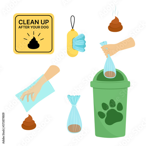 Set of cleaning up after dog. Bags sign poop hand trash can, packet, poo. Flat cartoon vector