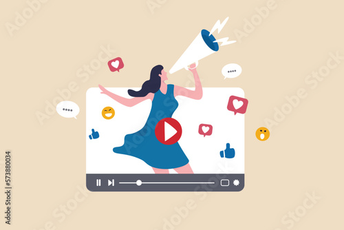 Video marketing, live stream or media clip to promote brand, influencer advertising, content marketing or online digital campaign concept, beauty confidence woman with megaphone on video media player.