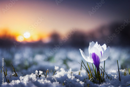 spring crocus flowers in the snow, Generative AI Art Illustration
