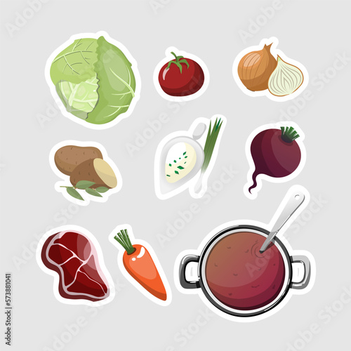 Set of stickers. All ingredients of the Ukrainian national dish "Borshch"