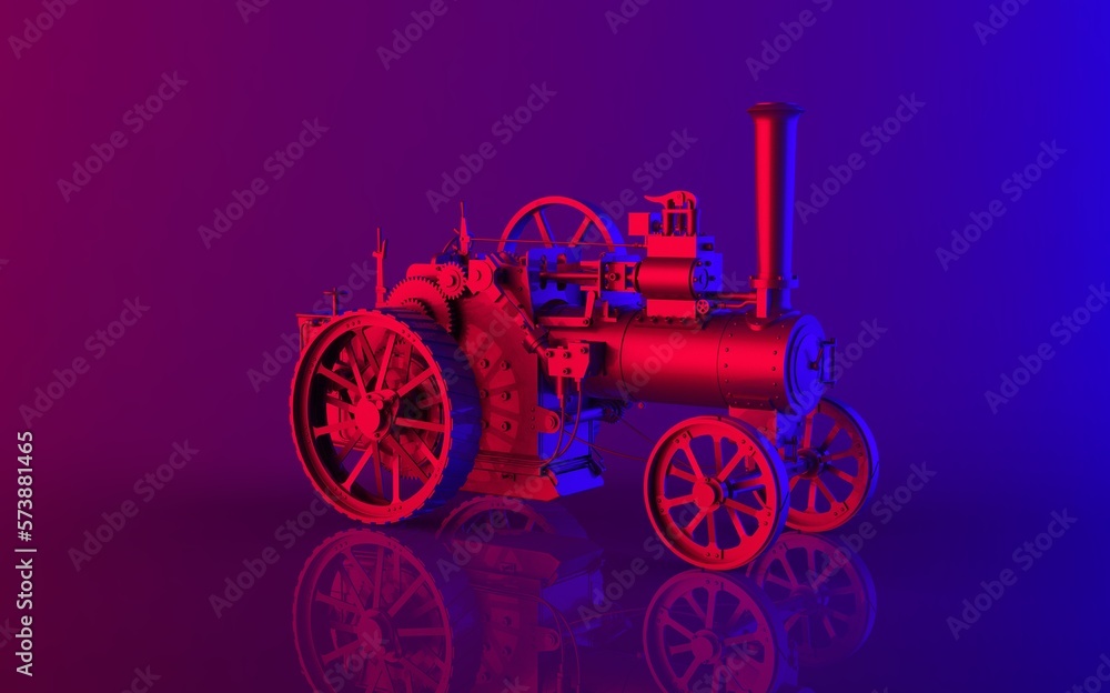 Luxury neon light Reb blue and purple colour style old vintage steam engine power tractor 3d rendering image left side camera