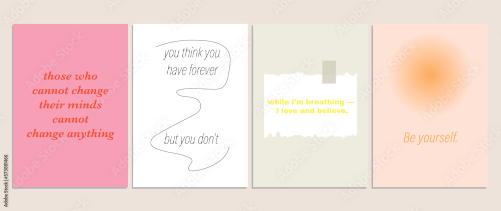 Fototapeta premium Vector set of posters with inscriptions. Cute posters in a minimalist style with colorful geometric shapes. Modern design of invitations, wallpapers for social media, posters, banners, flyers.