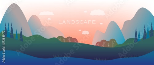 Vector illustration of spring or summer. In a flat style. Landscape with plants, sea, mountains and sunrise. Suitable for banner, screensaver, business card, postcards, posters.