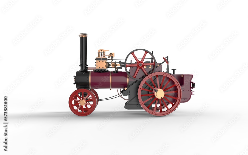 Museum historical style old vintage steam engine power tractor machine with cog wheels realistic look 3d rendering image right camera view