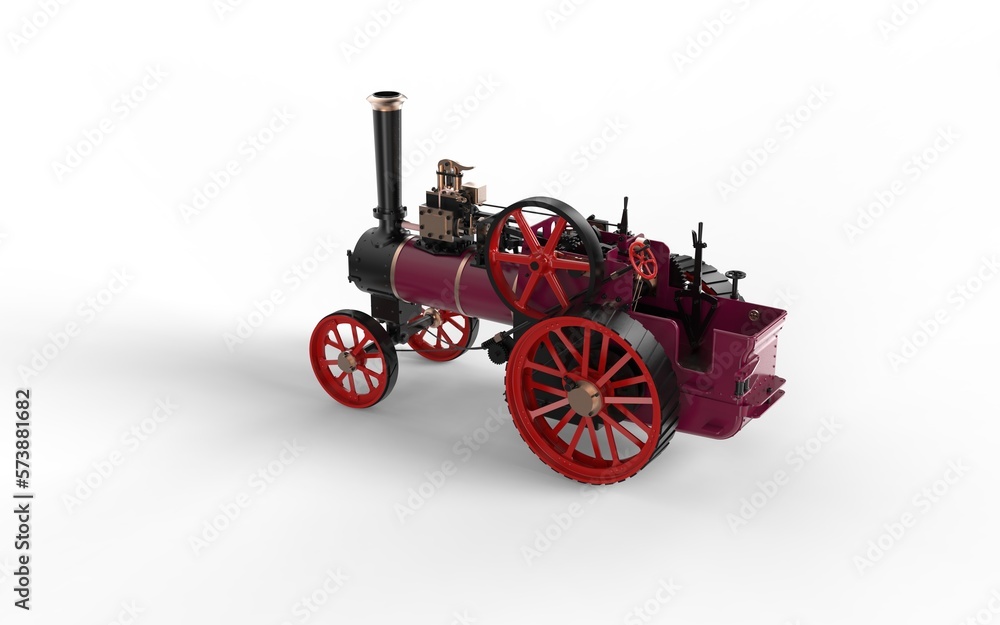Museum historical style old vintage steam engine power tractor machine with cog wheels realistic look 3d rendering image perspective right back camera view