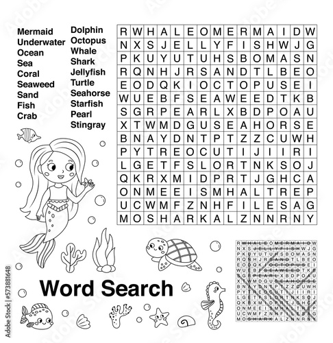 Word search with coloring page. Educational game with sea and ocean words. Learn English for children. Underwater theme. Printable activity page. Crossword for children. Vector illustration.