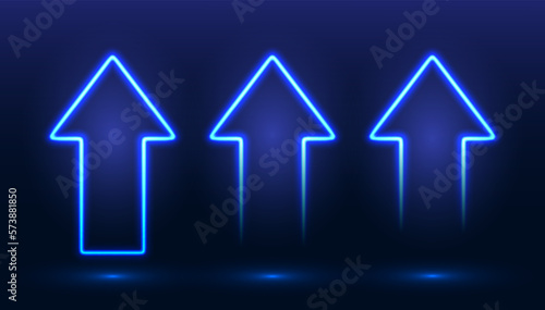 A set of neon arrows with shining effects, highlights on a dark blue background. Futuristic modern neon glowing frame. Vector illustration.